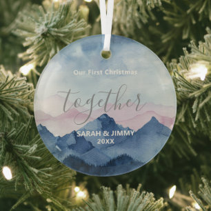 Christmas Blue Mountain Pine Trees Outdoor Couple Glass Ornament