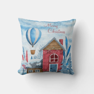 Christmas Blue & Red Winter Village & Animals  Throw Pillow