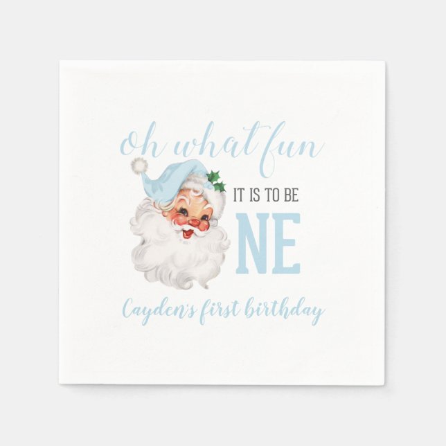 Christmas Blue Santa First Birthday Napkin (Front)