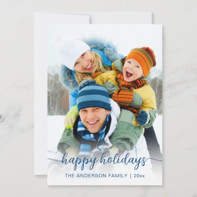 Christmas Blue Script Photo Happy  Holiday Card (Front)