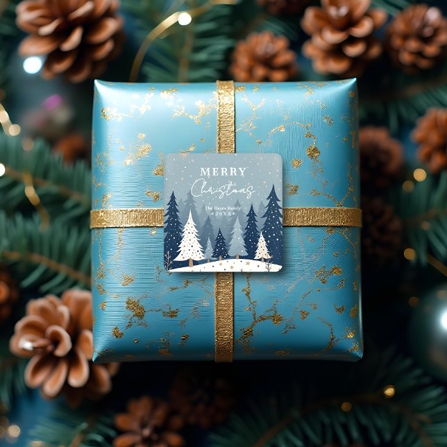Christmas Blue Shades Chic Winter Landscape Square Sticker (Christmas Blue Shades Chic Winter Landscape Square Stickers.)