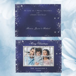 Christmas blue silver glitter photo window card<br><div class="desc">A deep blue background decorated with faux silver glitter,  sparkling stars.  The blue colour is uneven. Personalize and add your own photo,  name and a year.  With the text: Merry Christmas.  A window overlay over your photo.
Add your text on the back:</div>