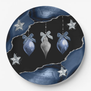 Christmas Blue/Silver Ornaments on Agate Art Paper Plate
