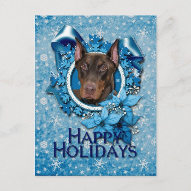 Christmas - Blue Snowflake - Doberman - Rocky Holiday Postcard (Front)