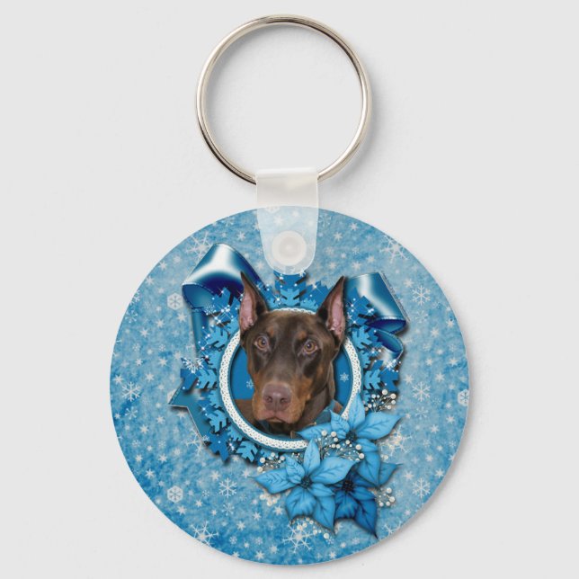 Christmas - Blue Snowflake - Doberman - Rocky Keychain (Front)