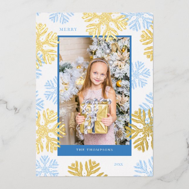 Christmas Blue Snowflake frame design light Foil Holiday Card (Front)