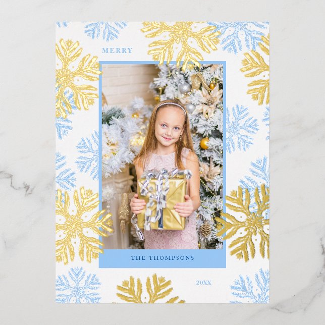 Christmas Blue Snowflake frame design Light Foil Holiday Postcard (Front)