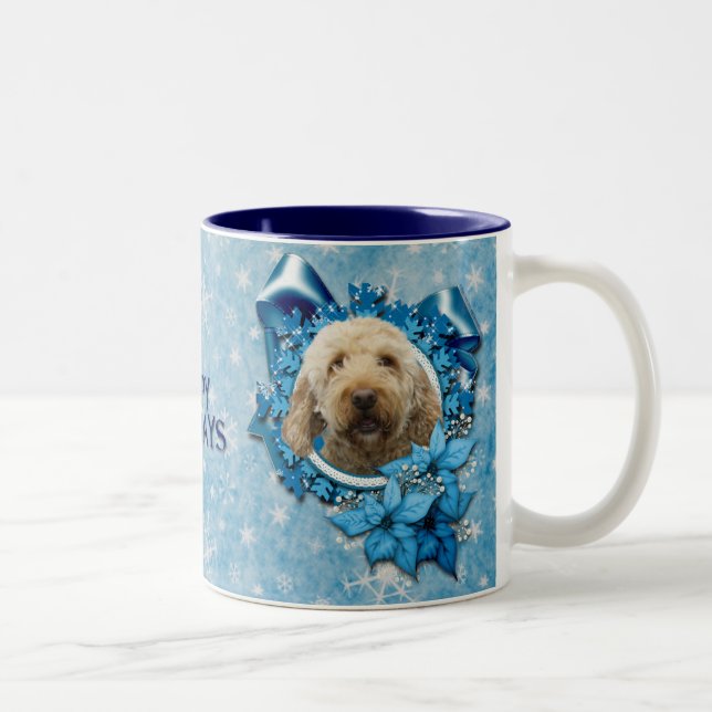 Christmas - Blue Snowflake - Goldendoodle Two-Tone Coffee Mug (Right)
