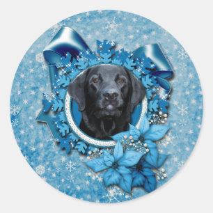 Christmas - Blue Snowflake - Labrador - Black Classic Round Sticker