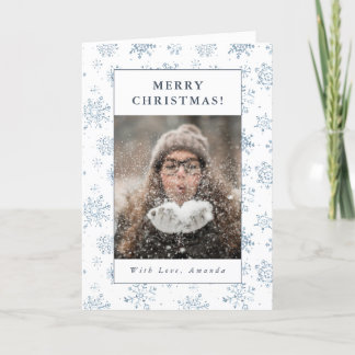 Christmas Blue Snowflake Watercolor Custom Photo Holiday Card