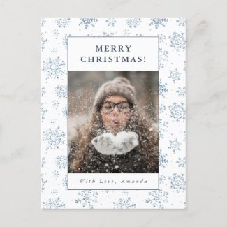Christmas Blue Snowflake Watercolor Custom Photo Holiday Postcard