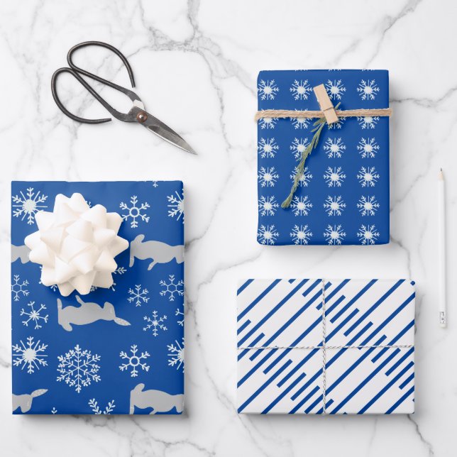 Christmas Blue Snowflakes and Bunnies Wrapping Paper Sheet (Front)
