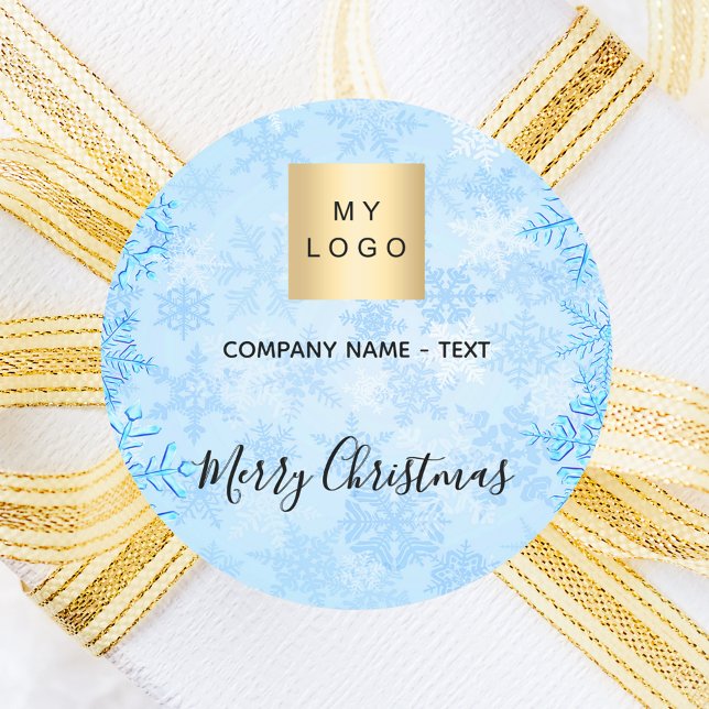 Christmas blue snowflakes business logo classic round sticker (Creator Uploaded)