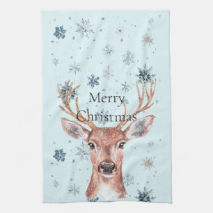 Christmas Blue Snowflakes Deer  Kitchen Towel