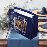 Christmas blue snowflakes photo large gift bag<br><div class="desc">A navy blue background. Decorated with faux silver snowflakes. Personalize and add your name(s).  White text.</div>