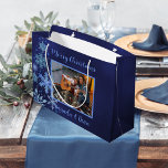 Christmas blue snowflakes photo large gift bag<br><div class="desc">A navy blue background. Decorated with snowflakes. Personalize and add your name(s).  Blue text.</div>