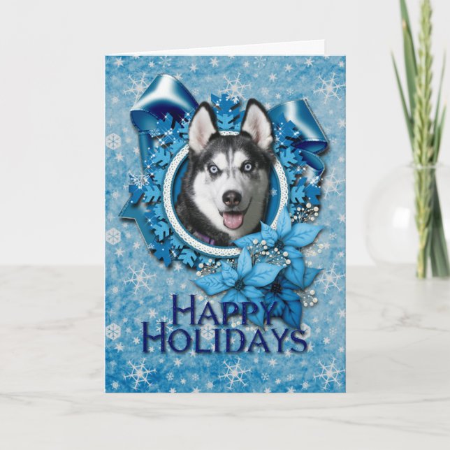 Christmas - Blue Snowflakes - Siberian Husky Holiday Card (Front)