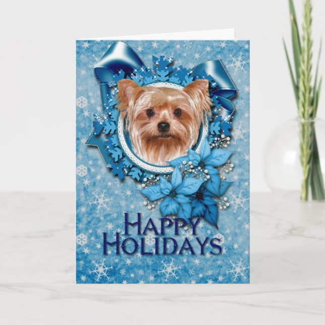 Christmas - Blue Snowflakes - Yorkshire Terrier Holiday Card (Front)