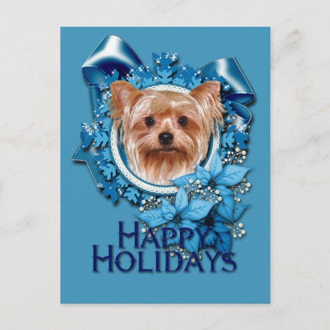 Christmas - Blue Snowflakes - Yorkshire Terrier Holiday Postcard (Front)
