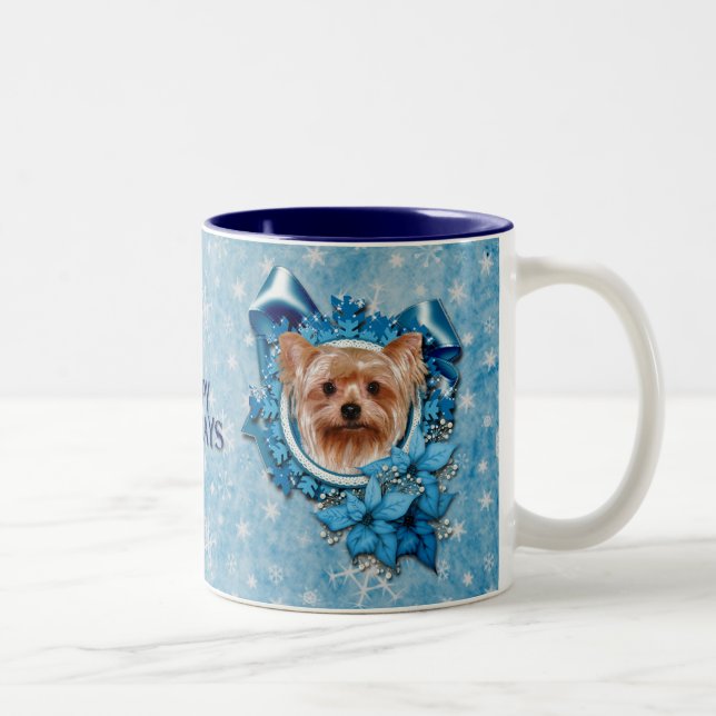 Christmas - Blue Snowflakes - Yorkshire Terrier Two-Tone Coffee Mug (Right)