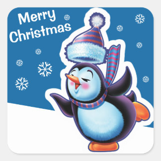 Christmas blue square sticker Penguin skating.