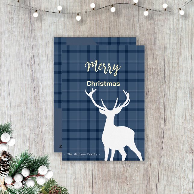Christmas Blue Tartan And Deer Foil Holiday Card (Creator Uploaded)