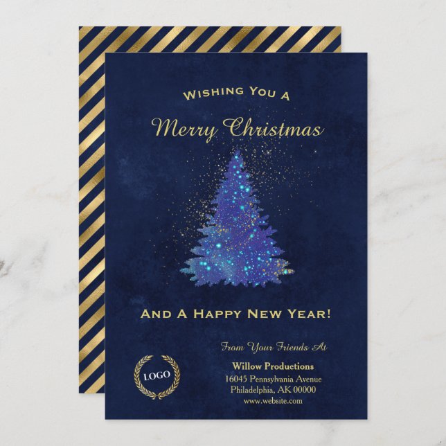 Christmas Blue Tree Business Logo Holiday Card (Front/Back)