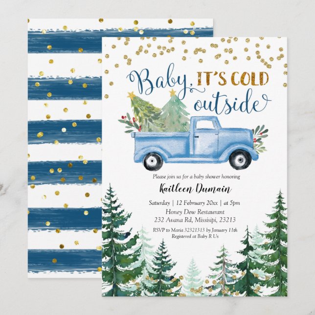 Christmas Blue Truck Baby It's Cold Outside Invitation (Front/Back)