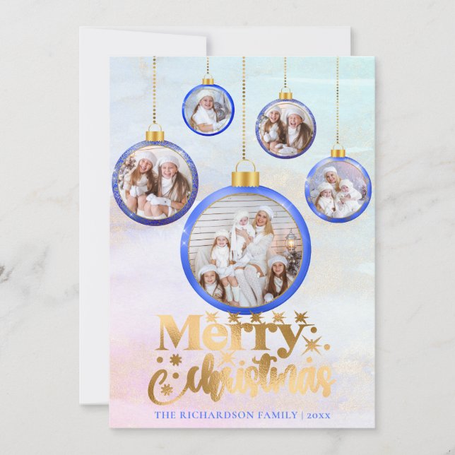 Christmas Blue Watercolor 5 Photo Ornament Holiday Card (Front)