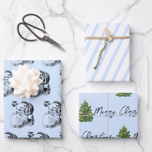 Christmas Blue & White Pattern  Wrapping Paper Sheet (Front)