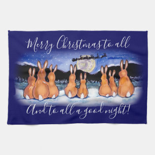 Christmas Blue Winter Bunny Rabbit Scene Cute! Kitchen Towel