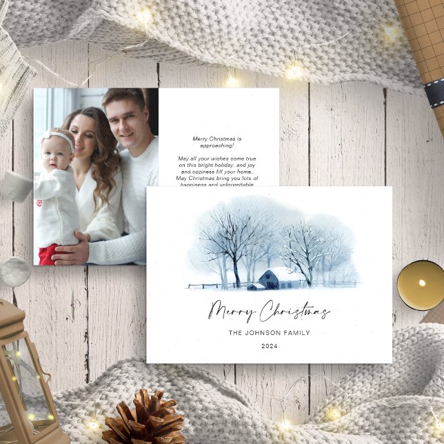 Christmas Blue Winter Village Rustic Landsca Photo Holiday Card (Creator Uploaded)