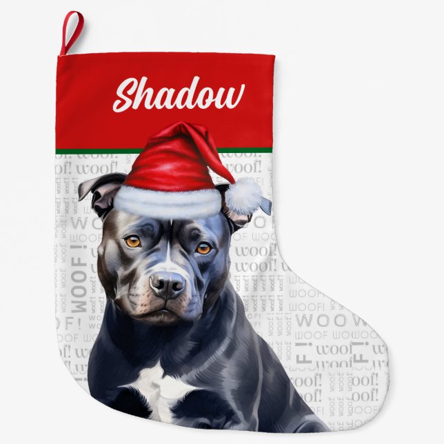 Christmas Bluenose Pitbull Name Woof Background Large Christmas Stocking (Front)