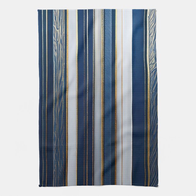 Christmas Blues Stripes Blue White Gold Kitchen Towel (Vertical)