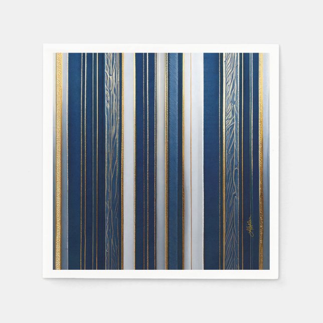 Christmas Blues Stripes Blue White Gold Napkin (Front)