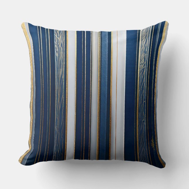 Christmas Blues Stripes Blue White Gold Throw Pillow (Front)