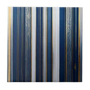 Christmas Blues Stripes Blue White Gold Tile