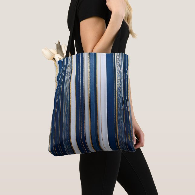 Christmas Blues Stripes Blue White Gold Tote Bag (Close Up)