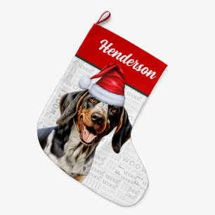 Christmas Bluetick Coonhound Name Woof Background Large Christmas Stocking