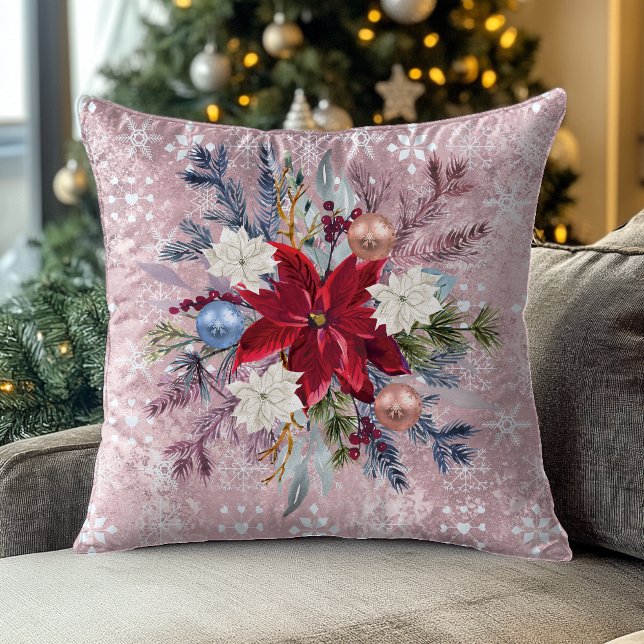 Christmas Blush Pink Poinsettia Bouquet Throw Pillow (Creator Uploaded)