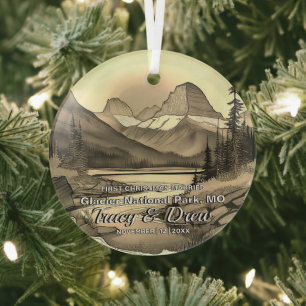 Christmas Boho Glacier National Park Sepia Married Glass Ornament