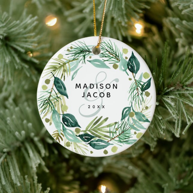 Christmas Boho Greenery Wreath Names Couple Photo Ceramic Ornament (Tree)