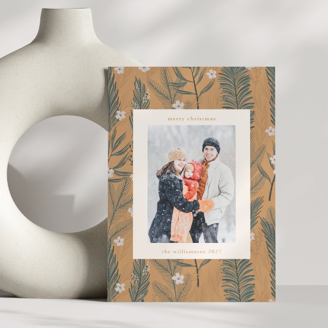 Christmas Boho Tan Greenery Two Vertical Photo Holiday Card (Creator Uploaded)
