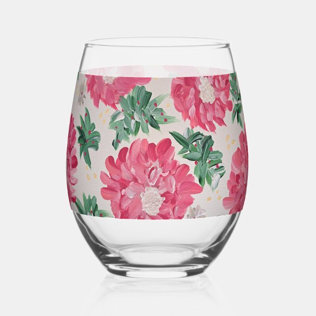 Christmas Bonanza Floral  Stemless Wine Glass (Front)