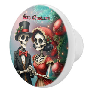 Christmas Bone Romance, A festive skeleton couple. Ceramic Knob