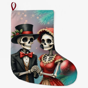 Christmas Bone Romance, A festive skeleton couple. Large Christmas Stocking