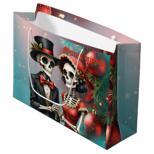 Christmas Bone Romance, A festive skeleton couple. Large Gift Bag
