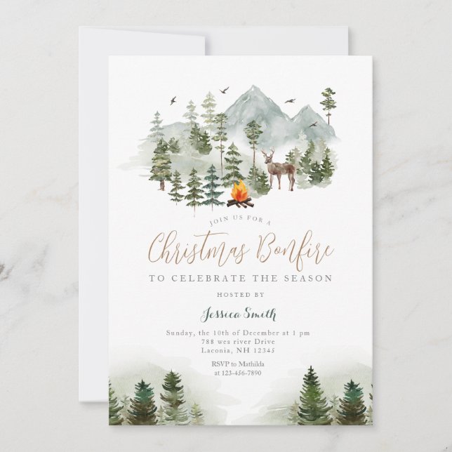 Christmas Bonfire Winter Forest Deer Holiday Party Invitation (Front)