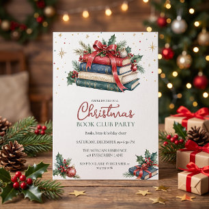 Christmas Book Club Party Watercolor Books and Bow Invitation
