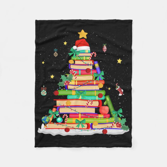 Christmas Book Library Tree Lights Funny Librarian Fleece Blanket (Front)